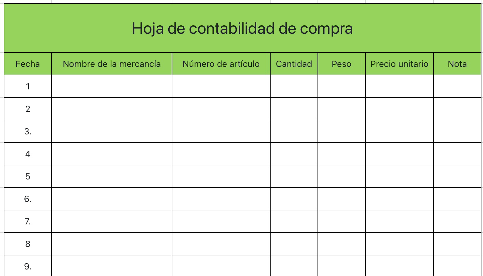 Hoja de contabilidad de compra